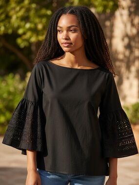 Ralph Lauren Black Eyelet Bell-Sleeve Blouse XL